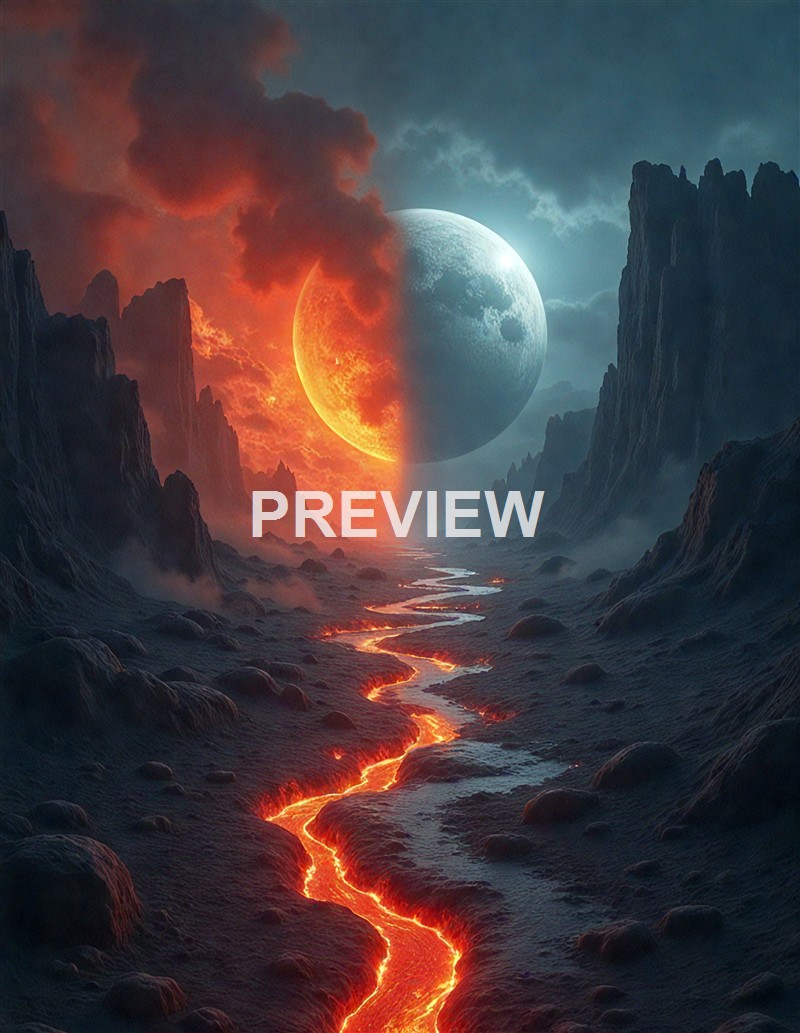 The image depicts a surreal landscape with a glowing volcanic river flowing through a rocky terrain, flanked by towering mountains, with a large, partially eclipsed moon and a fiery sun in the sky, surrounded by dark clouds.